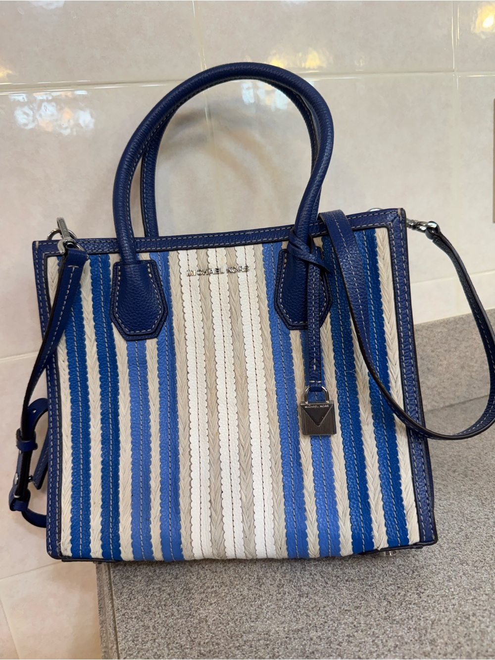 Michael Kors Blue and White Striped tote bag